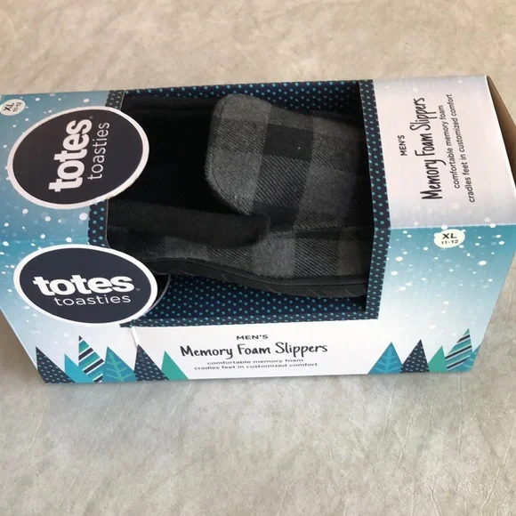 Totes Men’s Black Gray Plaid Memory Foam Slippers Size M (8-9) and XL (11-12) - Picture 9 of 11